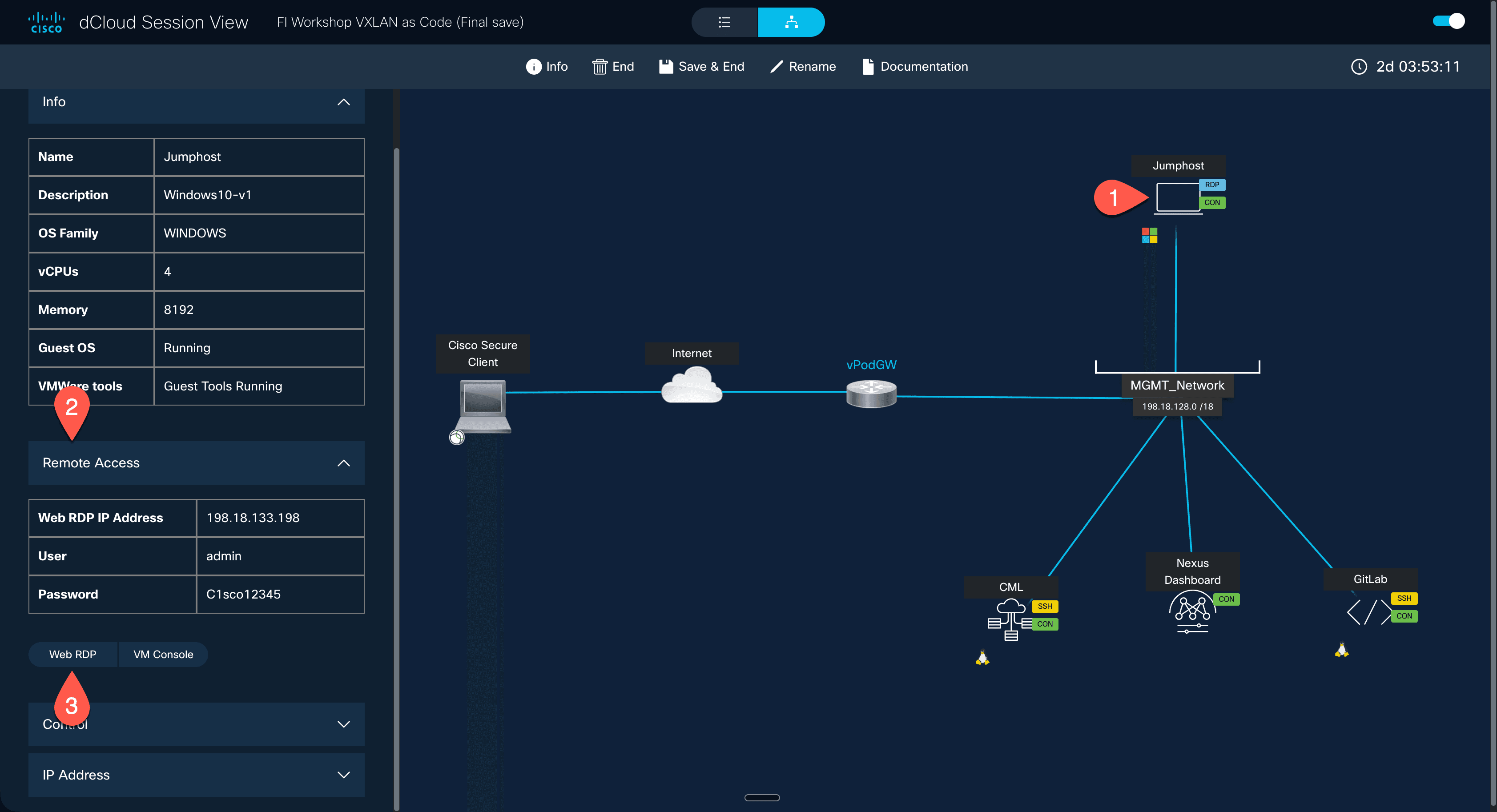 Cisco dCloud: My Hub → Sessions → View klicken, dann WebRDP öffnen