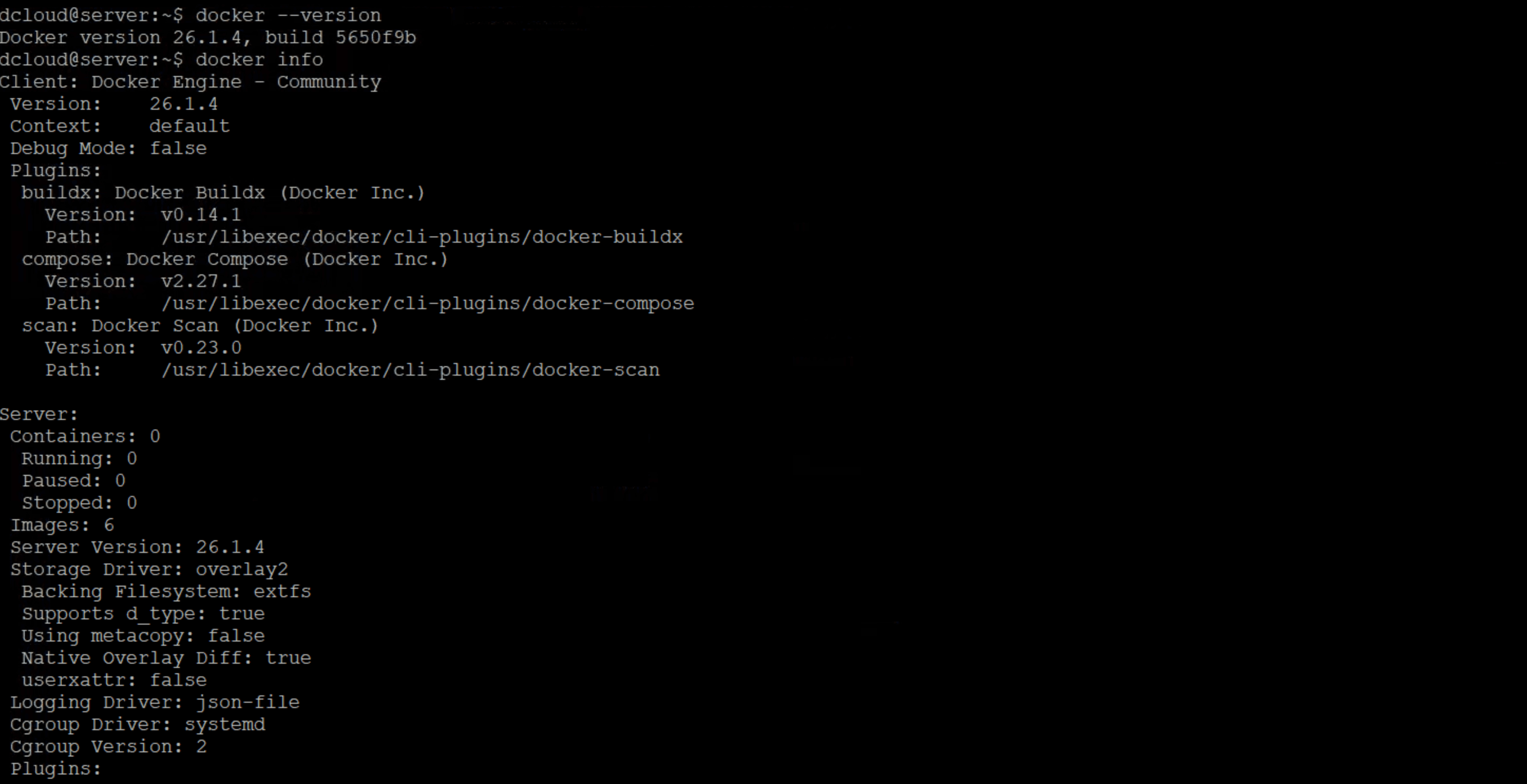Terminal mit docker --version und docker info Ausgabe