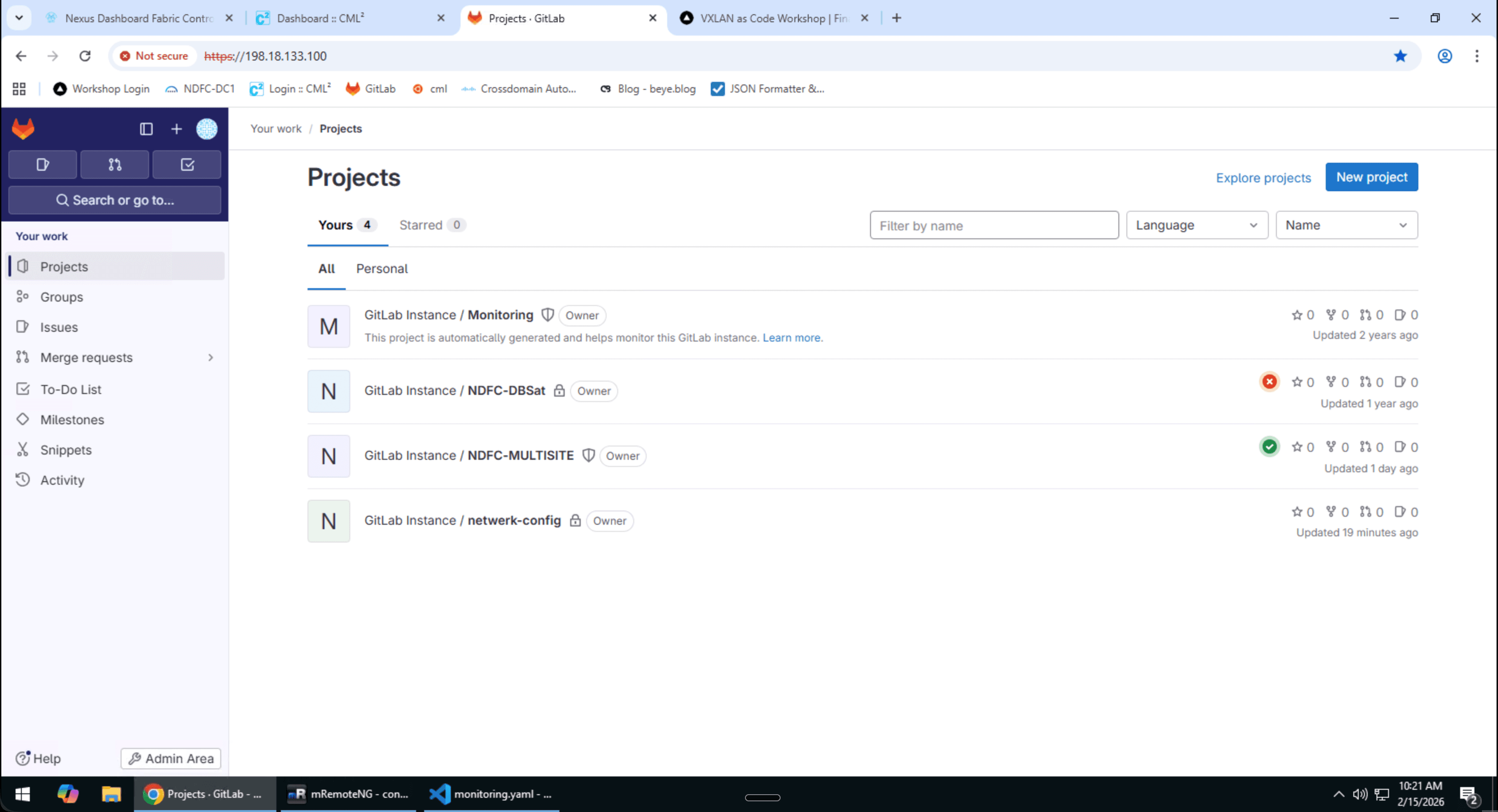 GitLab Dashboard mit Projektübersicht und Navigation