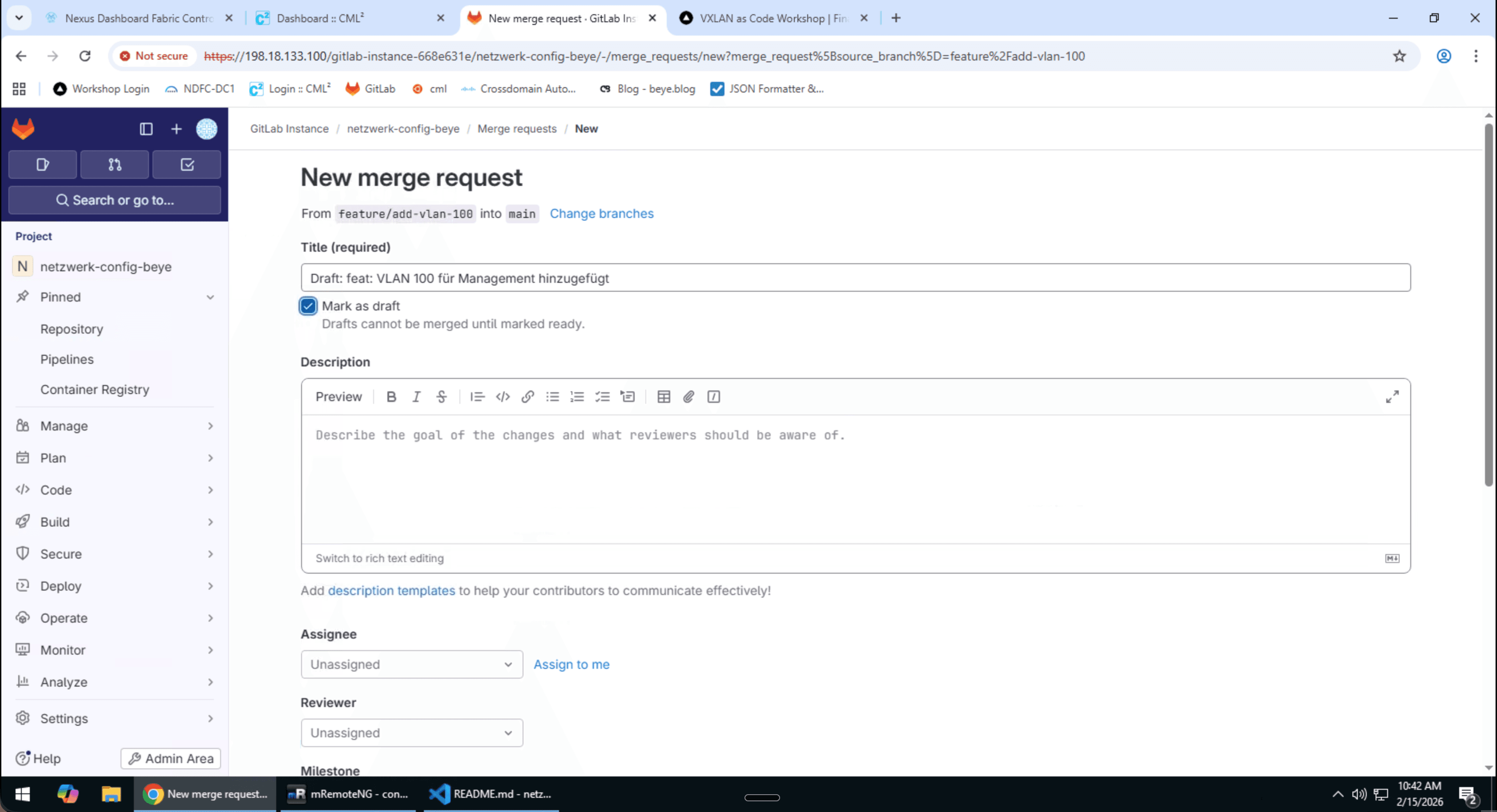 GitLab Merge Request erstellen Formular mit Titel und Beschreibung