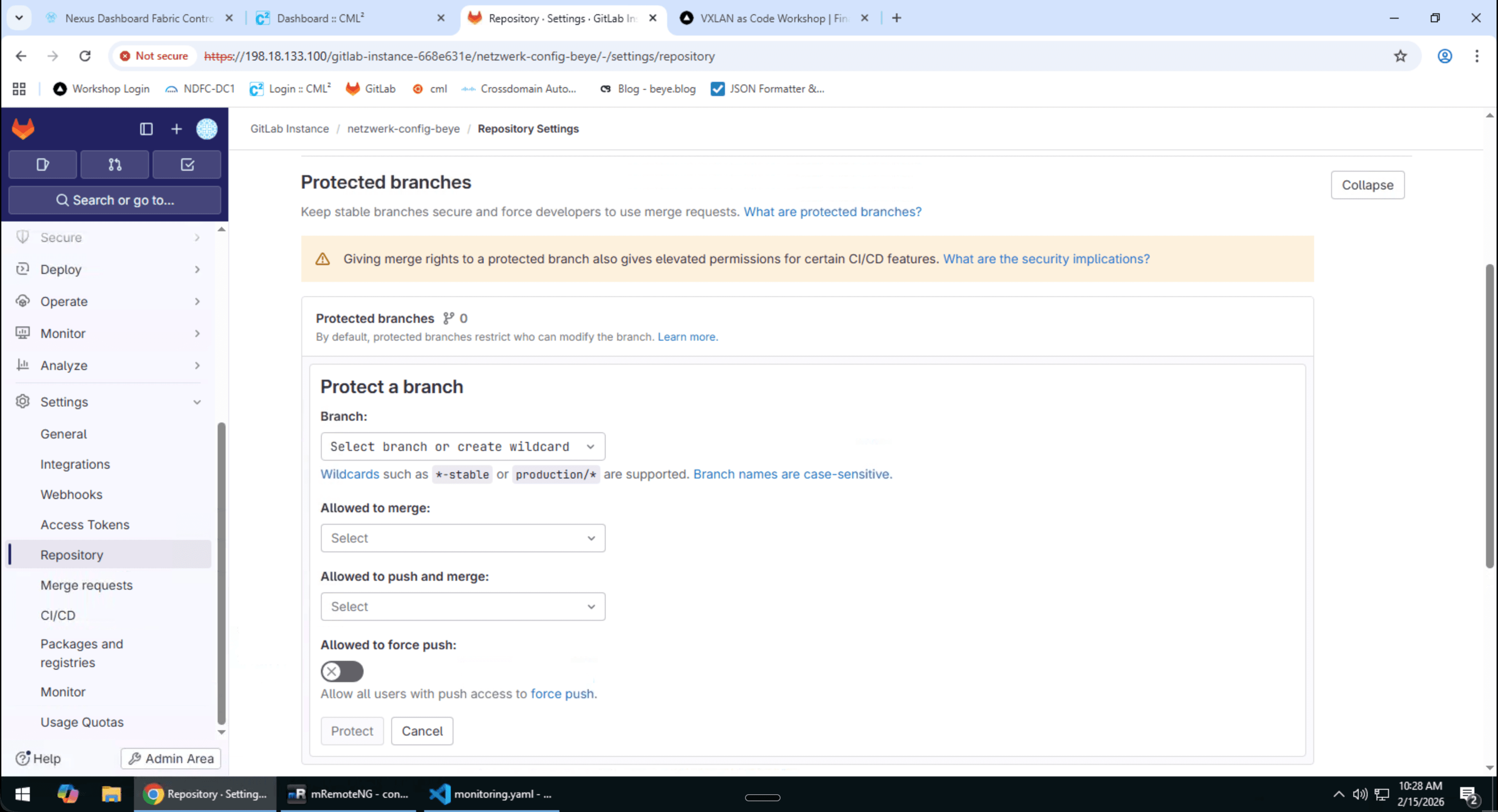 GitLab Protected Branches Einstellungen mit Berechtigungskonfiguration