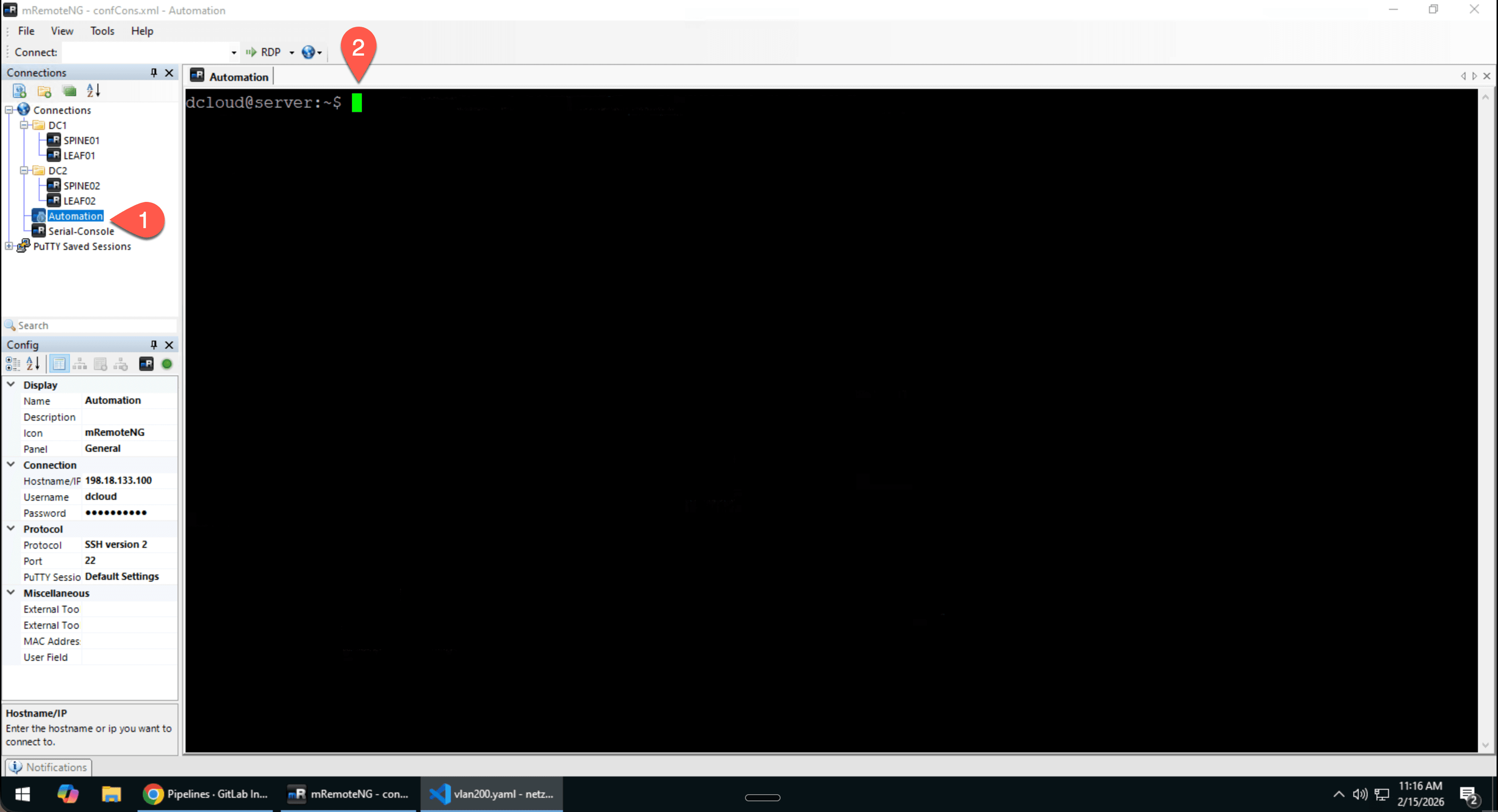 MRemoteNG Verbindung zur GitLab Linux-Maschine