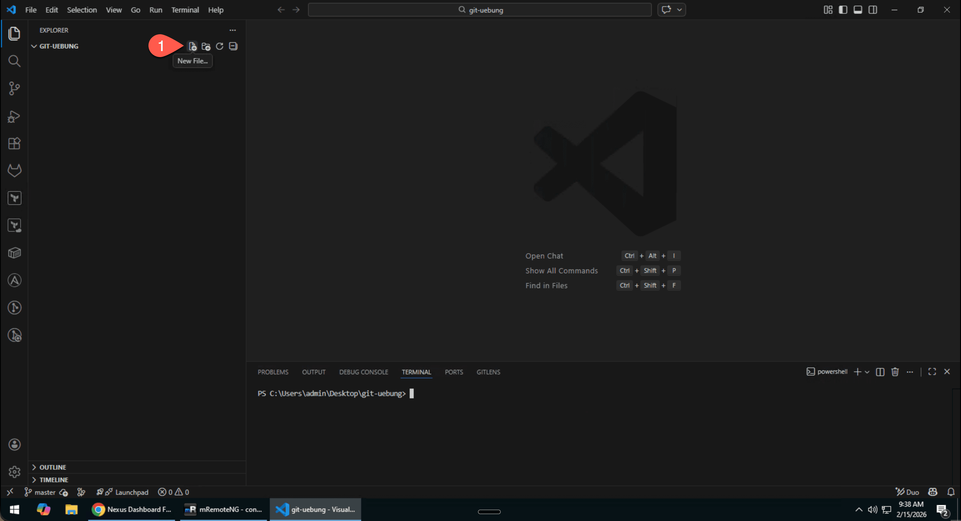 VS Code: Ordner git-uebung geöffnet, neue Datei erstellen über das New File Icon in der Seitenleiste