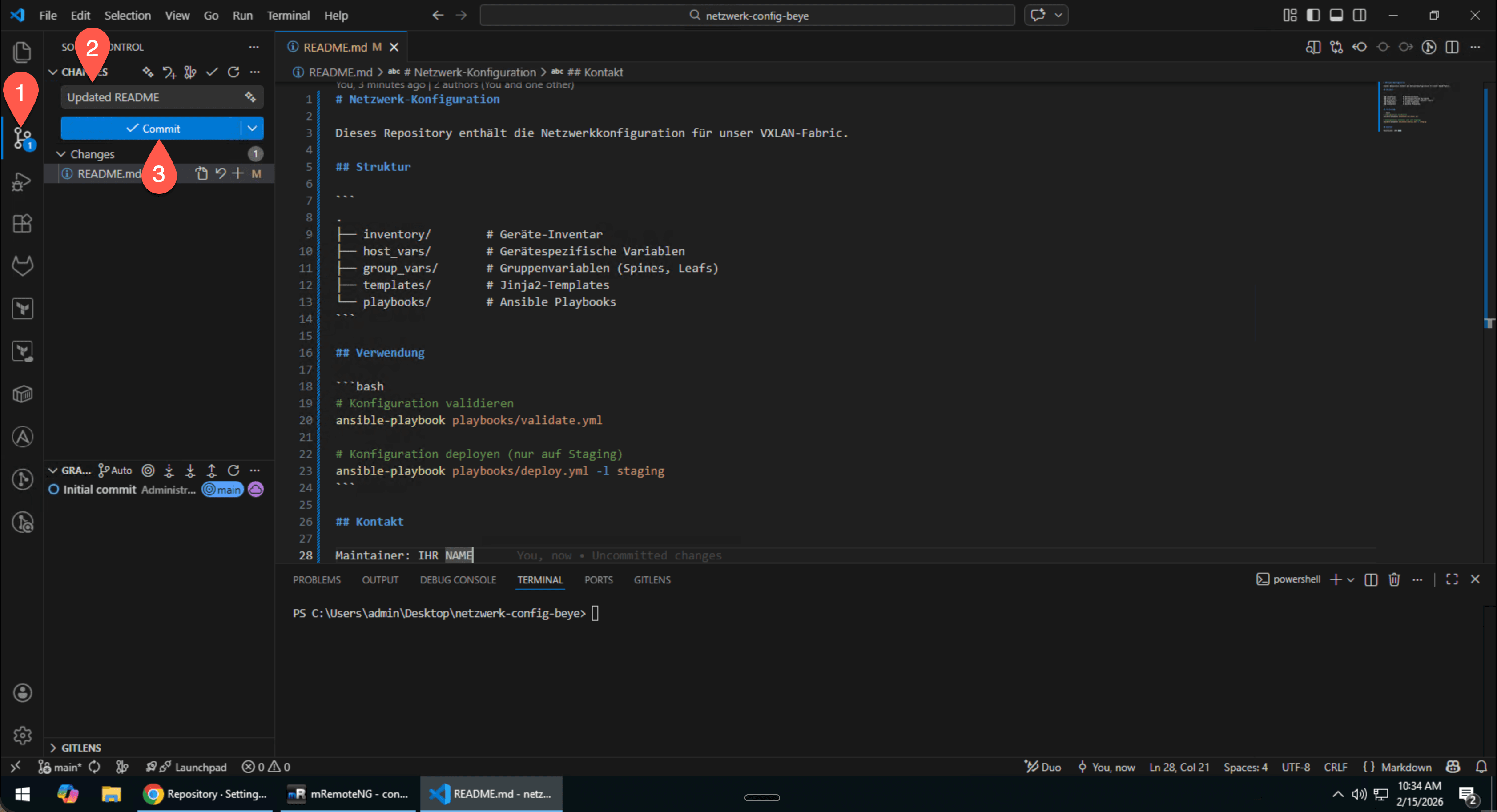 VS Code Source Control Sidebar: Geänderte Dateien stagen, Commit-Message eingeben, Commit Button klicken