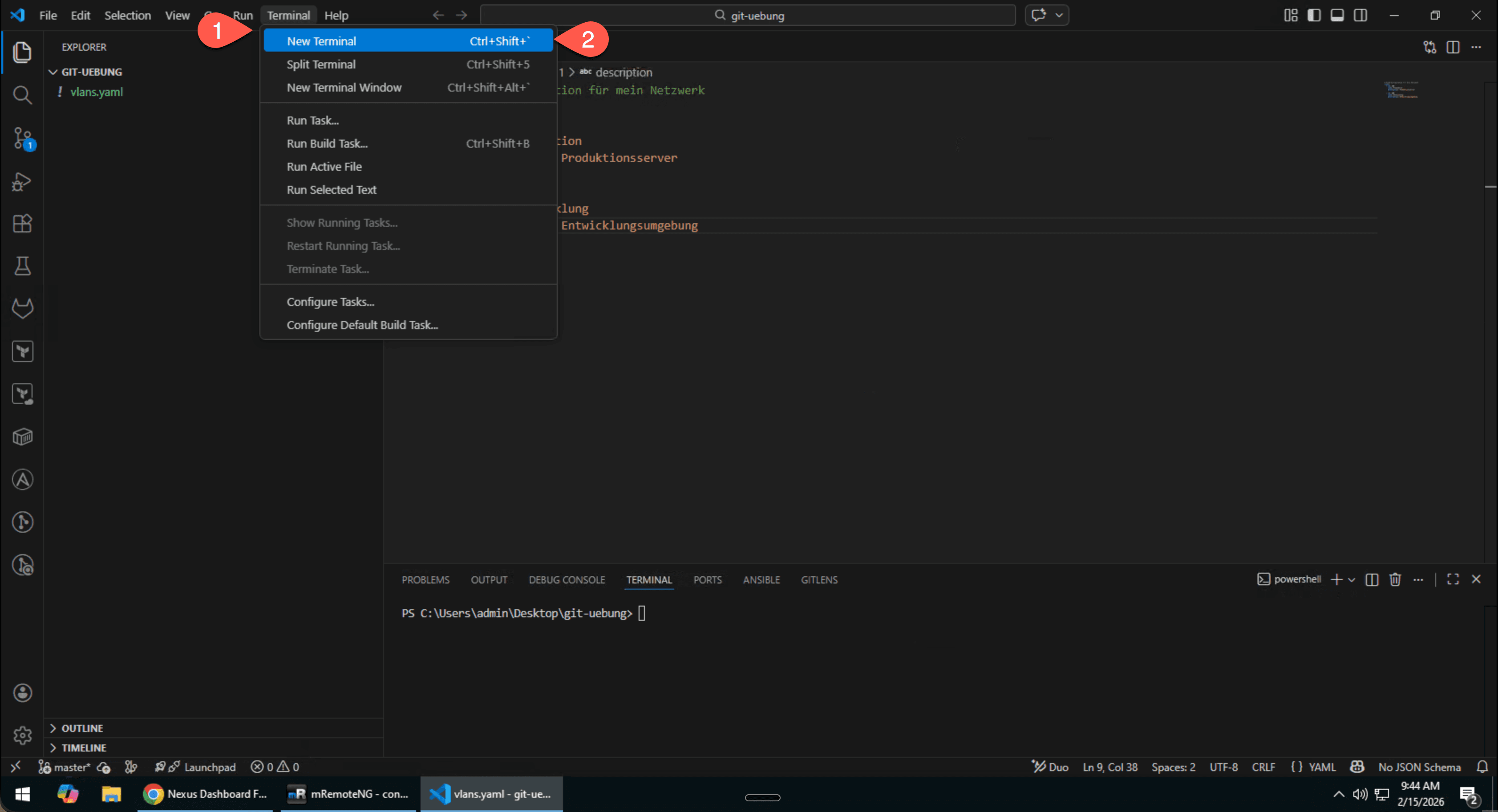 VS Code mit geöffnetem PowerShell-Terminal unten: Terminal → New Terminal